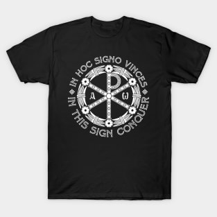 In Hoc Signo Vinces | In this Sign Conquer | Chi Rho | White on Black T-Shirt